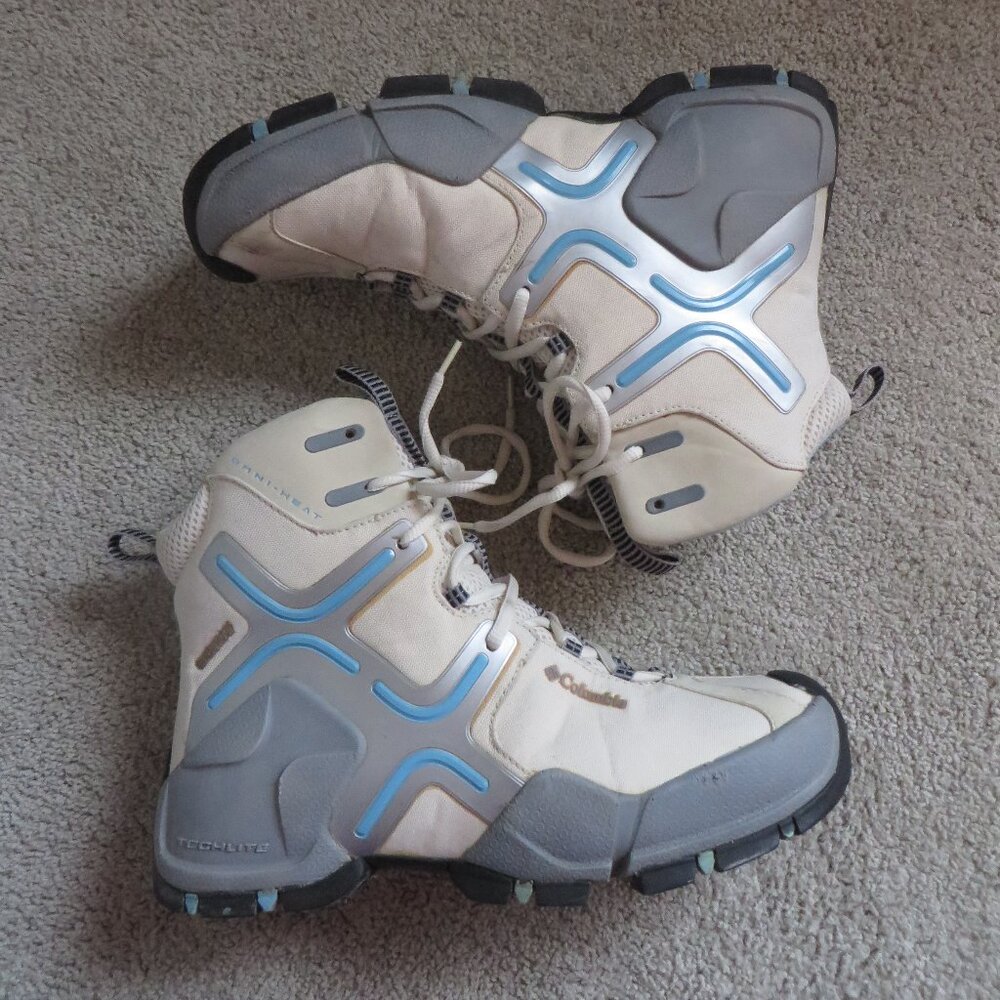 Columbia omni-heat techlite womens winter boots size 9 white/gray/blue # BL1444